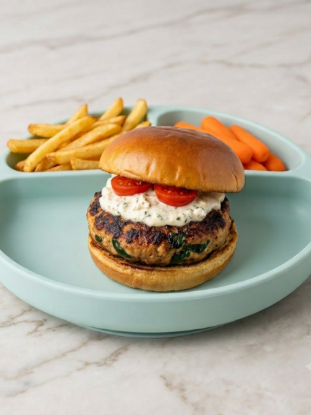 A grilled chicken burger with spinach evident inside it is shown on a bun and topped with a chunky yogurt sauce and cherry tomato slices; french fries and baby carrots are located in the plate's other compartments.