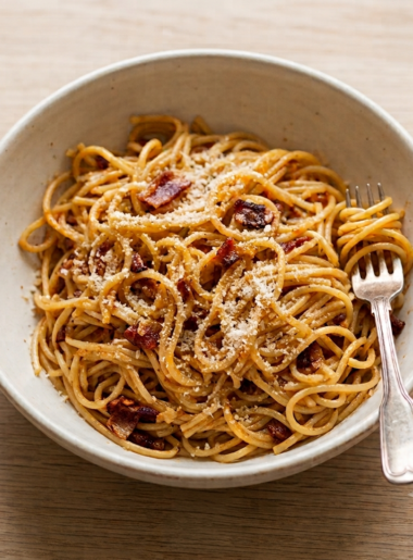 A bowl of pasta carbonara for kids shows strands of spaghetti, bits of bacon, and grated parmesan cheese strewn over the top.