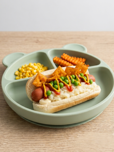A loaded Brazilian style hot dog is shown, with peas, cheez-its, ketchup, mustard, and mashed potatoes visible around the hot dog.