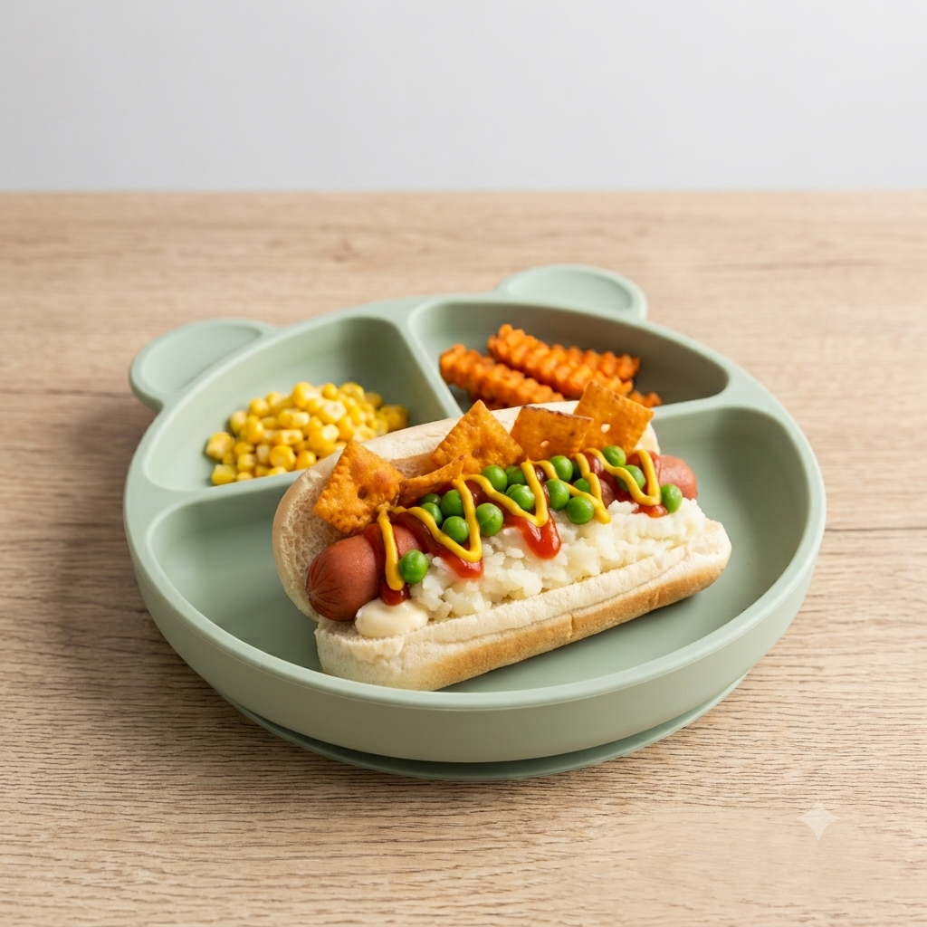 A loaded Brazilian style hot dog is shown, with peas, cheez-its, ketchup, mustard, and mashed potatoes visible around the hot dog.