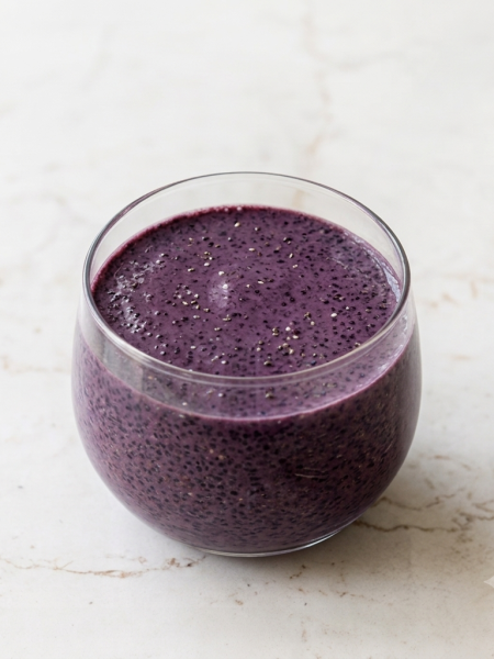 A small glass is filled with a very purple toddler summer smoothie studded with chia seeds.