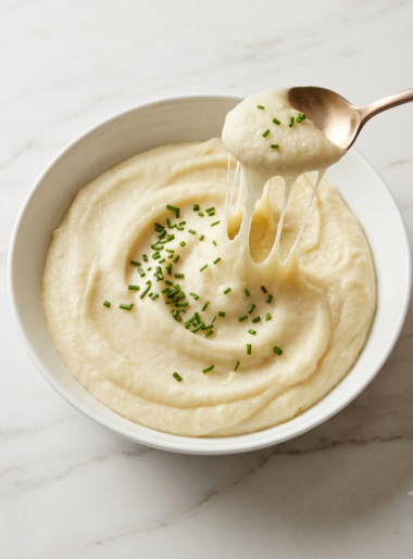 A spoonful of cauliflower aligot shows a pull of melted cheese amidst a cauliflower puree.