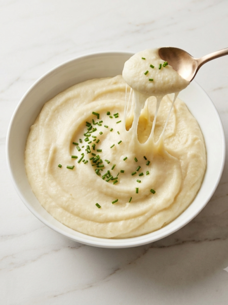 A spoonful of cauliflower aligot shows a pull of melted cheese amidst a cauliflower puree.