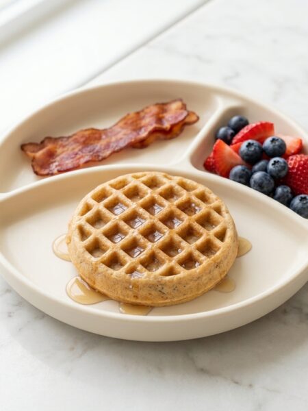 A high-protein waffle for kids, shown doused in syrup and paired with strips of bacon and mixed berries.