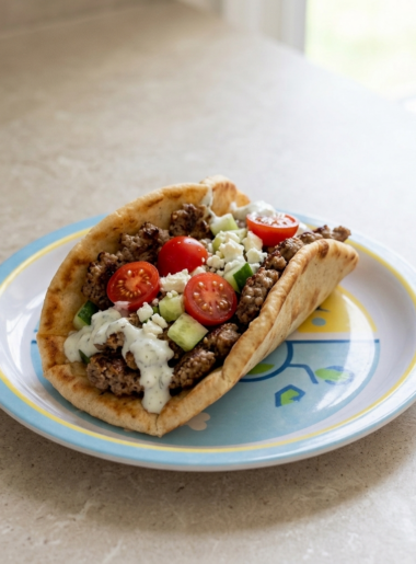 A folded pita enrobes seasoned ground beef, yogurt sauce, tomatoes, cucumbers, and feta cheese.