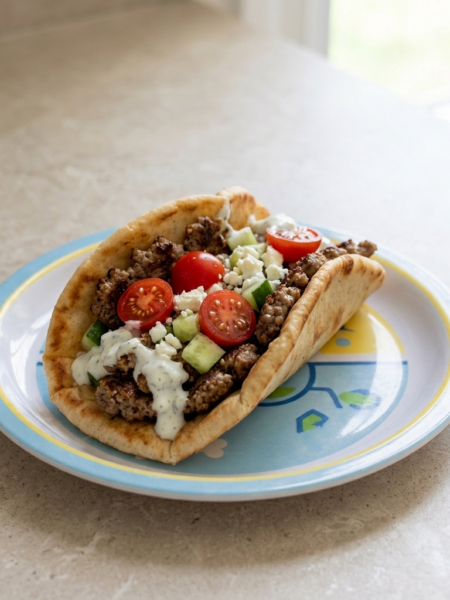 A folded pita enrobes seasoned ground beef, yogurt sauce, tomatoes, cucumbers, and feta cheese.