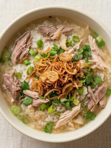 A bowl of chicken and rice soup for kids shows pulled chicken pieces emerged in a broth chock full of rice, scallions, and fried onion strings.
