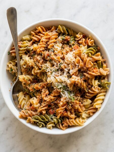 A bowl of rotini is topped with a red pesto for kids (pesto alla trapanese) and grated parmesan.